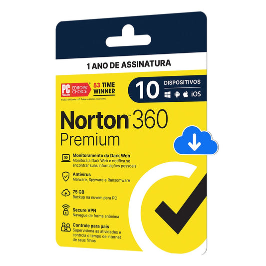 Antivírus Norton 360 Premium - 10 dispositivos - 12 Meses ESD - 21414573 [F107]